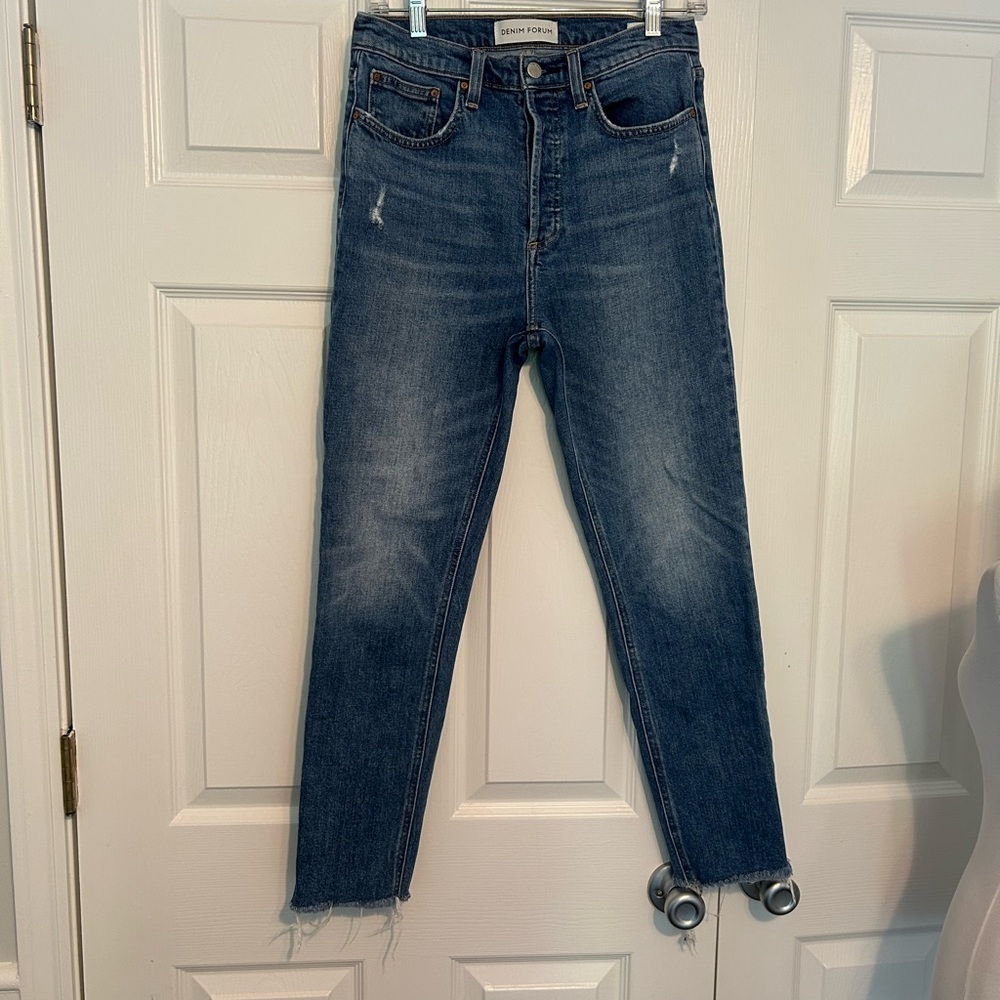 Aritzia The Denim Forum Yoko High Rise Slim Medium Wash Distressed Jeans